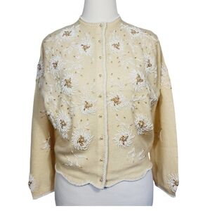 Bonnie Wong Sz 42 (M) Vintage Button Down Hand Beaded Cropped Sweater Formal EUC
